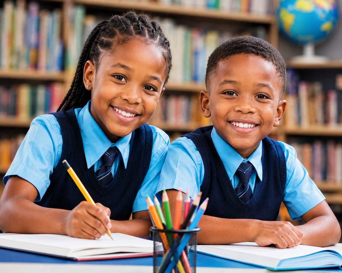 Camp Moe students smiling at a desk